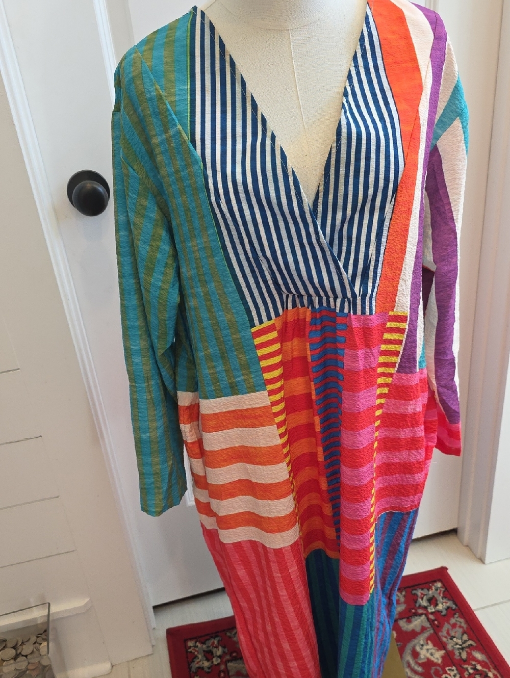 Multi-Color Striped V-Neck Women’s Dress - Picture 2 of 4